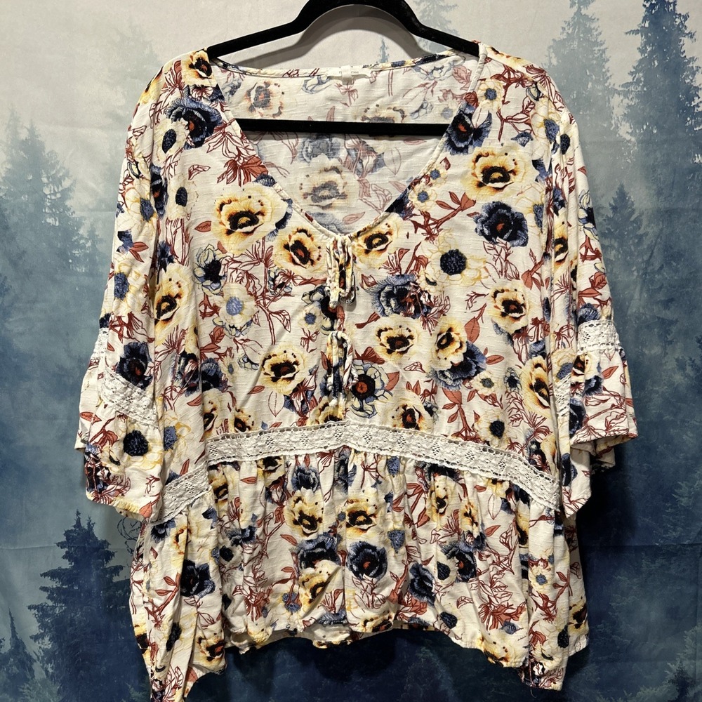 Maurices Womens Top 3X Multi‎ Floral Lace 3/4 Flared Sleeve Boho Peasant Cottage